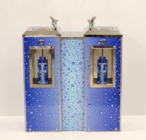 Two Classic Square Fountains joined together, with bottle fillers and TWW blue bubble mural.