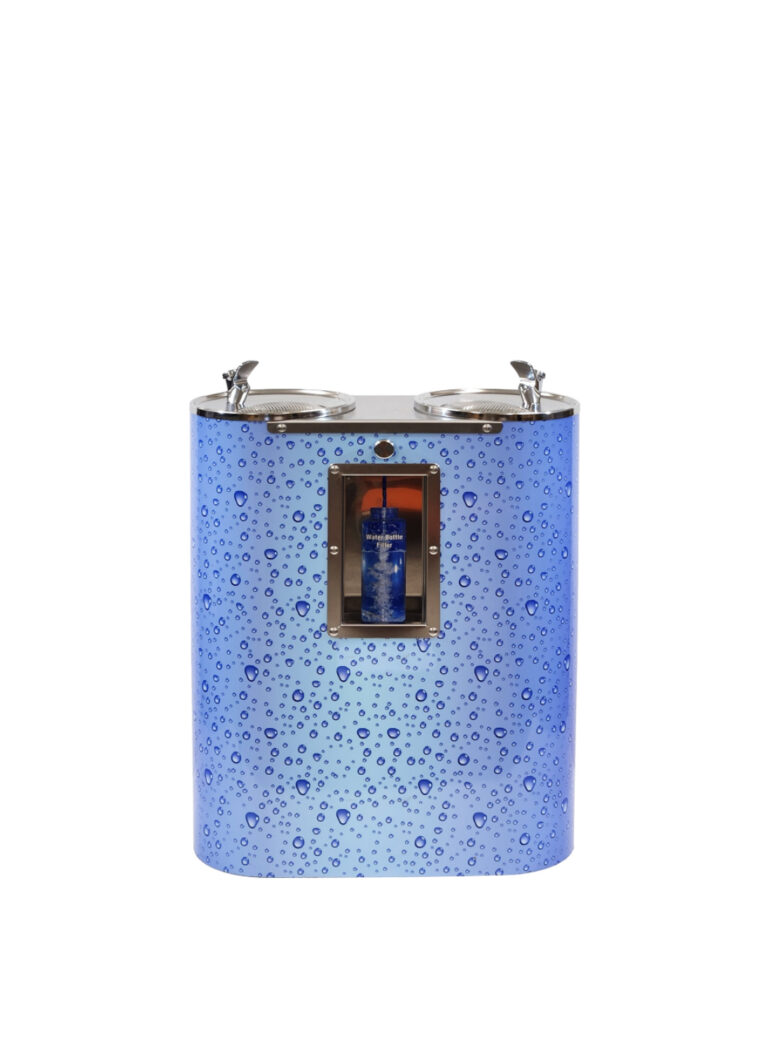 Classic Round Twin Fountain with bottle filler and TWW blue bubble mural.