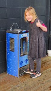 Classic Square, Foot pedal operated Drinking Fountain with bottle filler, recessed hose tap & bubbles mural