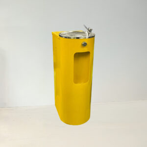 Classic Round Wall-mounted fountain with bottle filler and yellow powder coat.