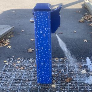 Slim Square Fountain & Bottle Filler with non-recessed tap, TWW blue bubble mural and grate.